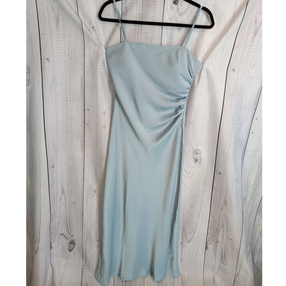 House of Harlow | Baby Blue Matte Satin Spaghetti Strap Ruched Midi Slip Dress - Picture 2 of 12